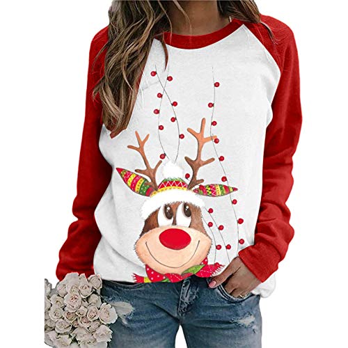 Sudadera Navidad Mujer Jersey Navideño Mujer Divertido Pullover Camisa Casual de Manga Larga con Empalme de Blusa con Estampado navideño para Mujer Talla Grande Sueter Oversize