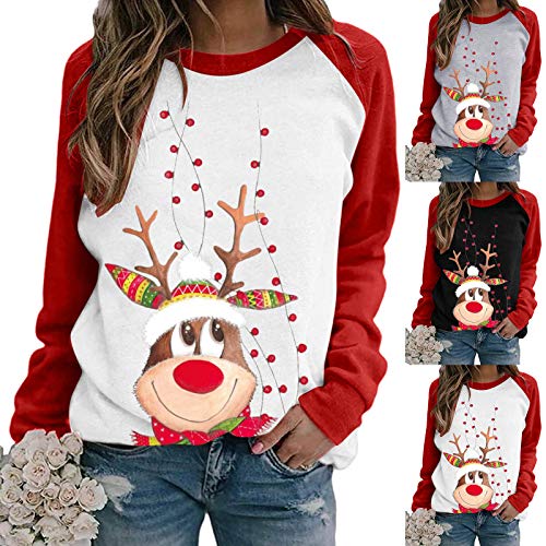 Sudadera Navidad Mujer Jersey Navideño Mujer Divertido Pullover Camisa Casual de Manga Larga con Empalme de Blusa con Estampado navideño para Mujer Talla Grande Sueter Oversize