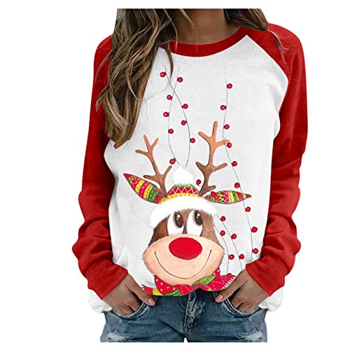 Sudadera Navidad Mujer Jersey Navideño Mujer Divertido Pullover Camisa Casual de Manga Larga con Empalme de Blusa con Estampado navideño para Mujer Talla Grande Sueter Oversize