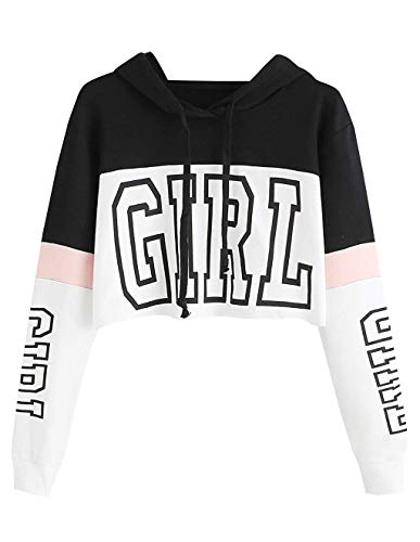 Sudaderas Adolescentes Chicas, Sudaderas con Capucha Mujer Cortas Otoño Girl Estampado Manga Larga Patchwork Primavera Jersey Blusa Hoodie Pullover Tops Chaquetas Deportivas (Blanco, S)