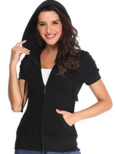 Sudaderas de Las Mujeres Negro Frontal Manga Corta Chaqueta Informal con Bolsillos Prendas de Vestir Exteriores básica - M Sudaderas de Las Mujeres Negro Frontal Manga Corta Chaqueta Informal con Bolsillos Prendas de Vestir Exteriores básica - M
