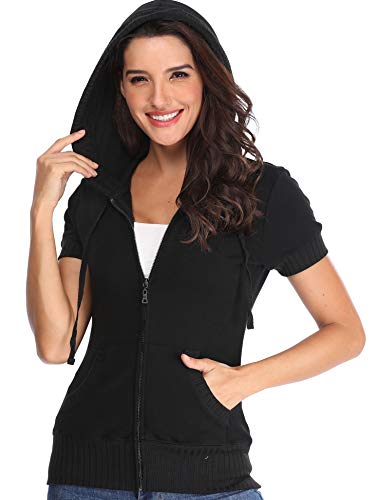 Sudaderas de Las Mujeres Negro Frontal Manga Corta Chaqueta Informal con Bolsillos Prendas de Vestir Exteriores básica - M