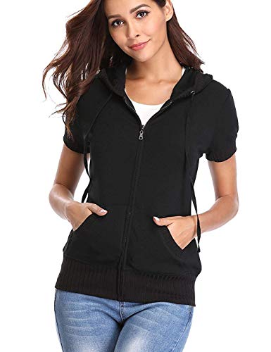 Sudaderas de Las Mujeres Negro Frontal Manga Corta Chaqueta Informal con Bolsillos Prendas de Vestir Exteriores básica - M Sudaderas de Las Mujeres Negro Frontal Manga Corta Chaqueta Informal con Bolsillos Prendas de Vestir Exteriores básica - M