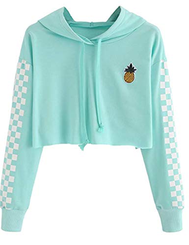 Sudaderas Mujer Cortas, Sudaderas Chicas Adolescentes con Capucha Otoño Manga Larga Piña Bordado Plaid Tartán Primavera Jersey Blusa Hoodie Pullover Tops Béisbol Chaquetas Deportivas (Verde, S)