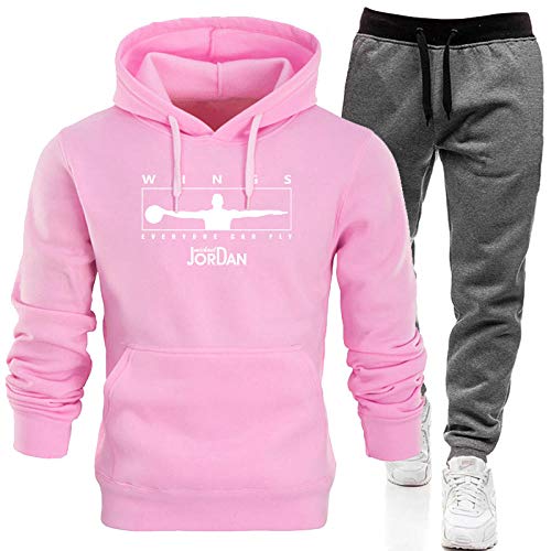 Suéter Sudadera con capucha para hombre Traje deportivo Otoño e invierno Abrigo suelto de terciopelo Sudadera con capucha Traje informal Conjunto de chándal deportivo-Rosa + gris oscuro_Medio