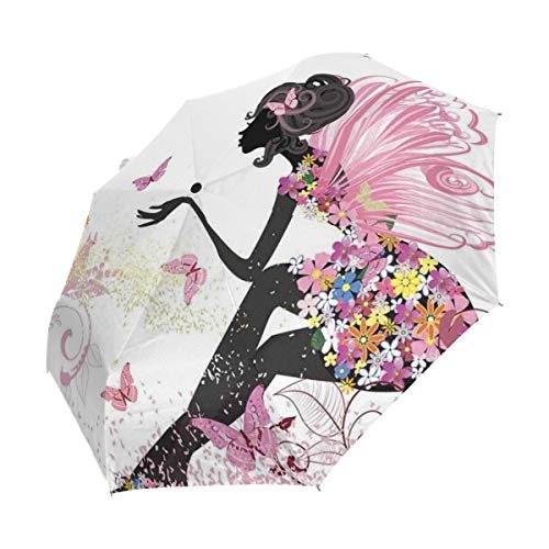 SUHETI Paraguas automático de Apertura/Cierre,Silueta Abstracta de una niña con alas Rosas y Vestido de Flores de Hadas de Primavera,Paraguas pequeño Plegable a Prueba de Viento, Impermeable SUHETI Paraguas automático de Apertura/Cierre,Silueta Abstracta de una niña con alas Rosas y Vestido de Flores de Hadas de Primavera,Paraguas pequeño Plegable a Prueba de Viento, Impermeable