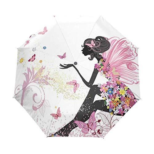 SUHETI Paraguas automático de Apertura/Cierre,Silueta Abstracta de una niña con alas Rosas y Vestido de Flores de Hadas de Primavera,Paraguas pequeño Plegable a Prueba de Viento, Impermeable