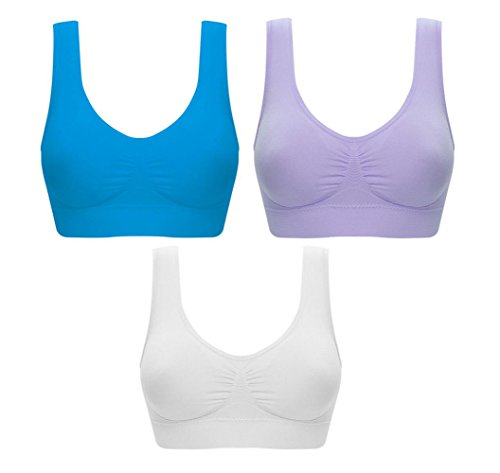 Sujetador deportivo sin costuras, ultracómodo, 3 unidades, con almohadillas extraíbles Azul lago/morado claro/blanco X-Large Sujetador deportivo sin costuras, ultracómodo, 3 unidades, con almohadillas extraíbles Azul lago/morado claro/blanco X-Large
