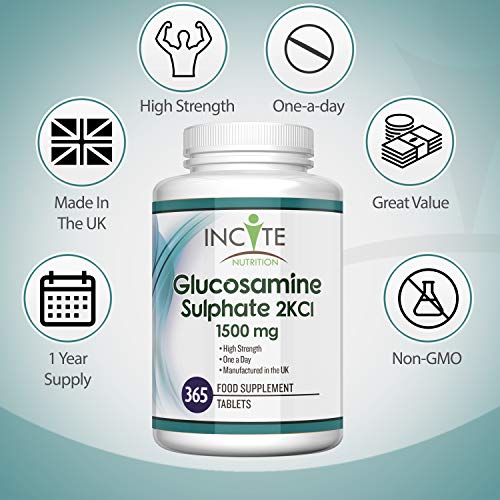 Sulfato de Glucosamina 2KCl, Suplemento de Alta Potencia de 1500 mg, GARANTÍA DE REEMBOLSO DE SU DINERO, 365 Comprimidos (Suministro Para 1 Año) - Condroitina – No son de Gel, Cápsulas Líquidas o en Polvo - Los beneficios Incluyen Soporte y Cuidado de las