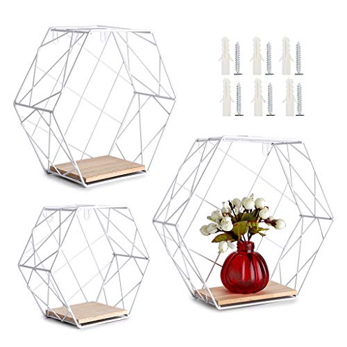 SUMNACON 3pcs Metal Hexagonales Flotantes Estantes Blanco SUMNACON 3pcs Metal Hexagonales Flotantes Estantes Blanco
