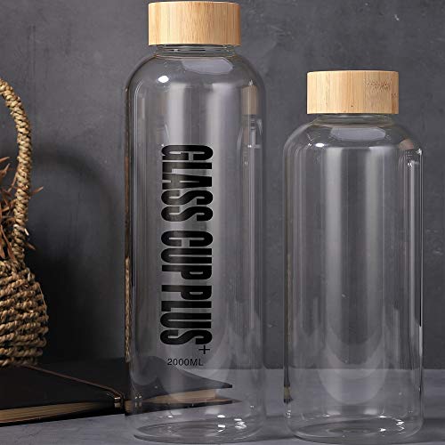 sunkey Botella Agua Cristal 1,5L / 2 litros Deportiva sin Bpa Portátil Reutilizable con Tapa de Bambú Funda Neopreno (2L)