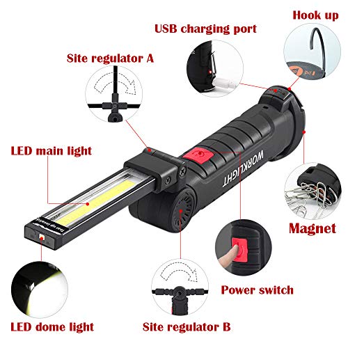 SunTop USB Recargable LED COB Lámpara de Trabajo Linterna de Mano - COB LED Linterna Luces de inspección Recargable portátil Colgando de Gancho, Soportes magnéticos