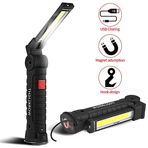 SunTop USB Recargable LED COB Lámpara de Trabajo Linterna de Mano - COB LED Linterna Luces de inspección Recargable portátil Colgando de Gancho, Soportes magnéticos