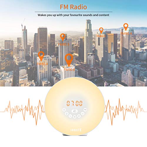 Sunvito Despertador de Luz Salida del Sol Reloj de Alarma 7 Colores Noche Luz con Sonidos Naturales,Función de Dormitar, Radio FM,Control Táctil y Cargador USB Sunvito Despertador de Luz Salida del Sol Reloj de Alarma 7 Colores Noche Luz con Sonidos Naturales,Función de Dormitar, Radio FM,Control Táctil y Cargador USB