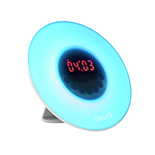 Sunvito Despertador de Luz Salida del Sol Reloj de Alarma 7 Colores Noche Luz con Sonidos Naturales,Función de Dormitar, Radio FM,Control Táctil y Cargador USB