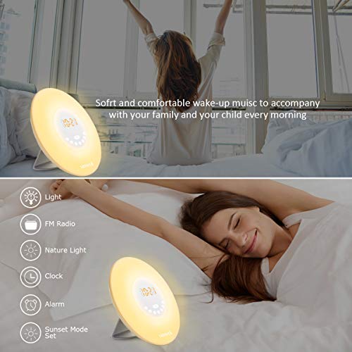 Sunvito Despertador de Luz Salida del Sol Reloj de Alarma 7 Colores Noche Luz con Sonidos Naturales,Función de Dormitar, Radio FM,Control Táctil y Cargador USB