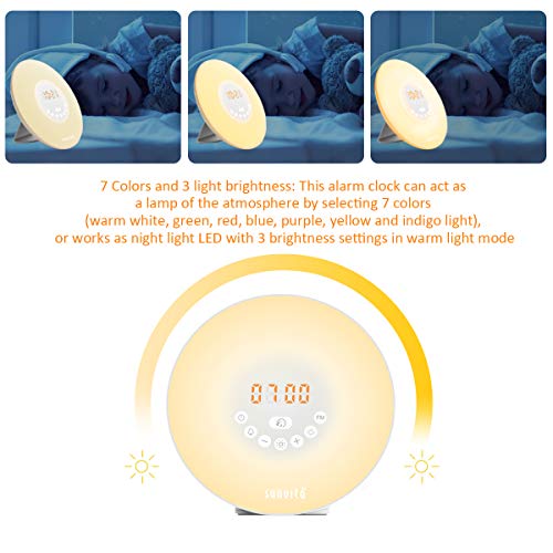 Sunvito Despertador de Luz Salida del Sol Reloj de Alarma 7 Colores Noche Luz con Sonidos Naturales,Función de Dormitar, Radio FM,Control Táctil y Cargador USB Sunvito Despertador de Luz Salida del Sol Reloj de Alarma 7 Colores Noche Luz con Sonidos Naturales,Función de Dormitar, Radio FM,Control Táctil y Cargador USB