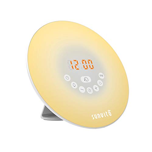 Sunvito Despertador de Luz Salida del Sol Reloj de Alarma 7 Colores Noche Luz con Sonidos Naturales,Función de Dormitar, Radio FM,Control Táctil y Cargador USB