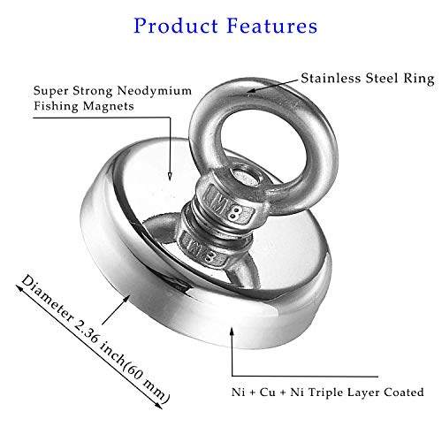 Super Potente tirar redondo imán de neodimio con avellanado agujero y cáncamo 181kg fuerza de tracción,diámetro 60 mm y 6 mm trenzado cuerda 66 ft - perfecto para imán pesca y recuperar Salvage