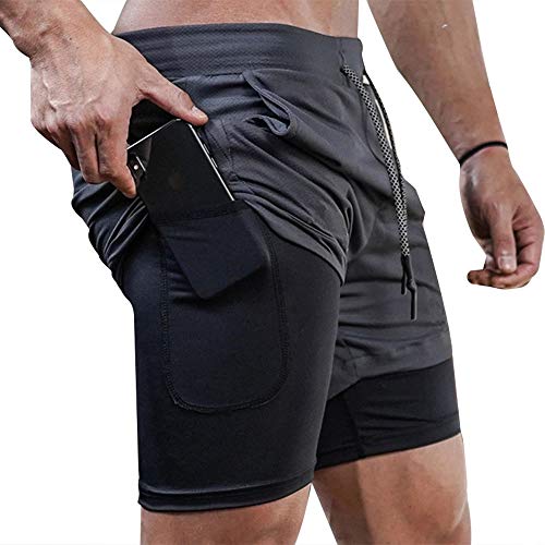 Superora Pantalones Cortos Hombre Deporte Chándal Deportivos Compresión Interna con Bolsillo Incorporado y Bolsillo Transpiración de Secado Rápido Gris