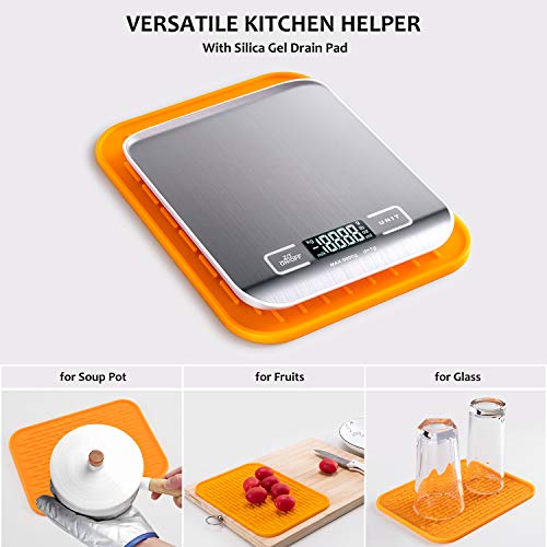 Supkitdin Básculas de Cocina Digitales, básculas de Cocina de Acero Inoxidable de Primera Calidad, Pantalla LCD, Viene con un útil tapete de Silicona (Plateado)