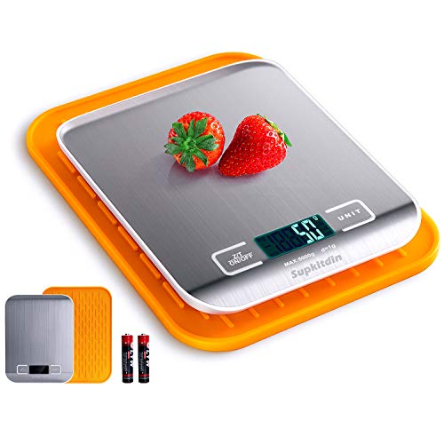 Supkitdin Básculas de Cocina Digitales, básculas de Cocina de Acero Inoxidable de Primera Calidad, Pantalla LCD, Viene con un útil tapete de Silicona (Plateado)