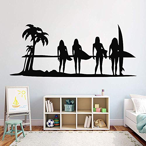 Surfing Girl Surf Vinilo Tatuajes De Pared Para Niñas Habitación Surfista Adhesivos De Pared Calcomanía Deportiva Tabla De Surf Dormitorio Decoración Murales 57X24 Cm Negro