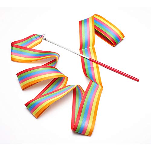 Surplex 10pcs 2 Metros de Arte Gimnasia Cinta rítmica Twirling Baton Rod, Gym Dance Ribbon Wand Streamer y Stick para niños, Rainbow