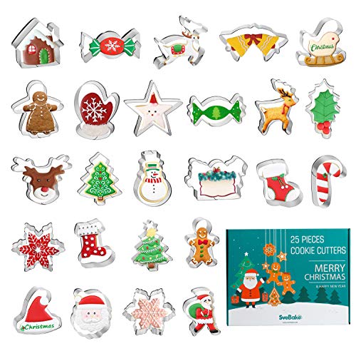 SveBake Juego de moldes para galletas navideñas, 25 unidades, de acero inoxidable y metal, para niños – árbol de Navidad, muletas, copo de nieve, alce SveBake Juego de moldes para galletas navideñas, 25 unidades, de acero inoxidable y metal, para niños – árbol de Navidad, muletas, copo de nieve, alce