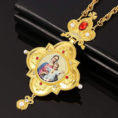 SWAOOS Color Dorado Cruz Pectoral Ortodoxa Griega Virgen María Icono Colgante Collar De Joyería Artesanía Religiosa con Caja