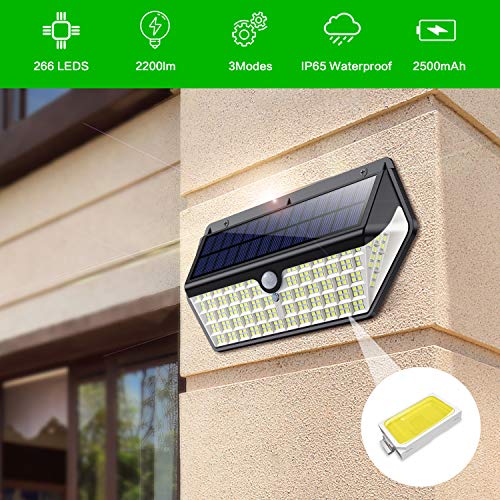 SWEYE Luz Solar Exterior 266LED,【Nueva Versión-Super Brillante 2500lm/2200mAh】Lámpara Solar Jardín Impermeable IP65 con 3 Modos Inteligentes Focos Exterior Solares con Sensor de Movimiento 2-Paquete