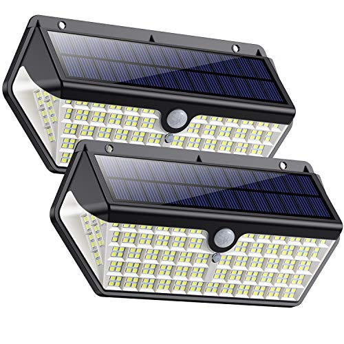 SWEYE Luz Solar Exterior 266LED,【Nueva Versión-Super Brillante 2500lm/2200mAh】Lámpara Solar Jardín Impermeable IP65 con 3 Modos Inteligentes Focos Exterior Solares con Sensor de Movimiento 2-Paquete