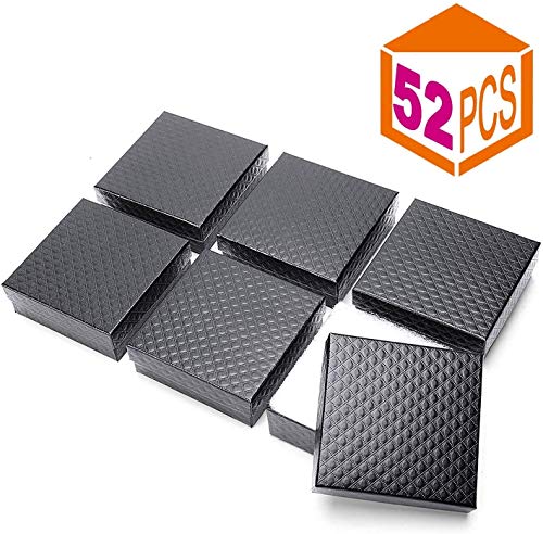 Switory 52pcs Cajas de regalo de joyería, 9x9x3cm Cajas de papel de regalo de cuadrado negro pequeño para pulsera Cajas de collar de cartón Colgante con relleno de pelusa de algodón