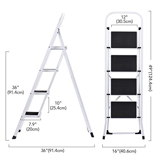 Switory Escalera plegable de 4 peldaños Resistente antideslizante Pedal robusto y ancho Carga máxima 300 lb con empuñadura práctica Taburete de acero portátil con escalones Blanco y negro