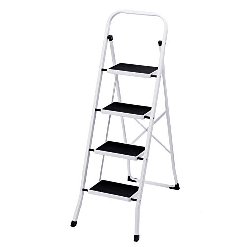 Switory Escalera plegable de 4 peldaños Resistente antideslizante Pedal robusto y ancho Carga máxima 300 lb con empuñadura práctica Taburete de acero portátil con escalones Blanco y negro