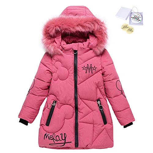 SXSHUN Niñas Chaqueta Slim de Invierno Línea A Abrigo de Pluma con Capucha de Pelo Ropa Caliente Acolchada de Algodón, Rosa, 3XL, 11 año