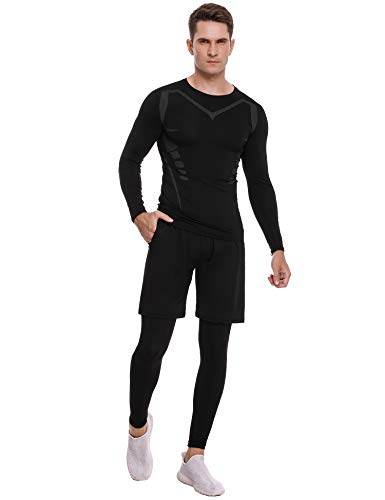 Sykooria 3 Piezas Conjunto de Compresión Deportiva para Hombre Camisetas de Manga Larga de Fitness Mallas de Running y Pantalon Deporte Corto de Elástico Correr Gym