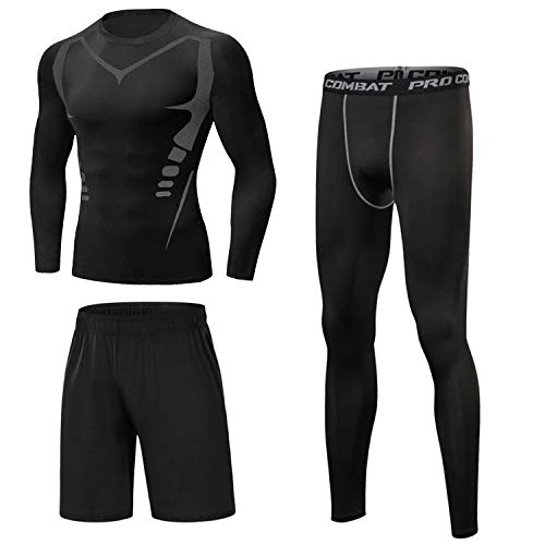 Sykooria 3 Piezas Conjunto de Compresión Deportiva para Hombre Camisetas de Manga Larga de Fitness Mallas de Running y Pantalon Deporte Corto de Elástico Correr Gym