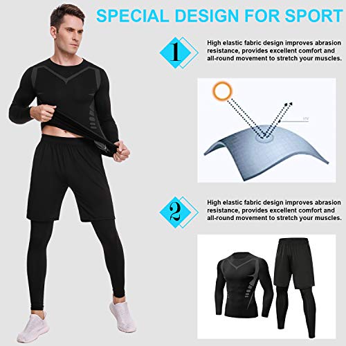 Sykooria 3 Piezas Conjunto de Compresión Deportiva para Hombre Camisetas de Manga Larga de Fitness Mallas de Running y Pantalon Deporte Corto de Elástico Correr Gym