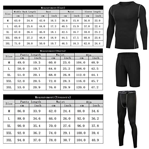 Sykooria 3 Piezas Conjunto de Compresión Deportiva para Hombre Camisetas de Manga Larga de Fitness Mallas de Running y Pantalon Deporte Corto de Elástico Correr Gym