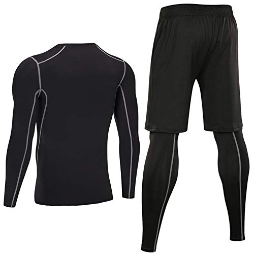 Sykooria 3 Piezas Conjunto de Compresión Deportiva para Hombre Camisetas de Manga Larga de Fitness Mallas de Running y Pantalon Deporte Corto de Elástico Correr Gym