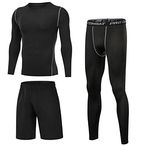 Sykooria 3 Piezas Conjunto de Compresión Deportiva para Hombre Camisetas de Manga Larga de Fitness Mallas de Running y Pantalon Deporte Corto de Elástico Correr Gym