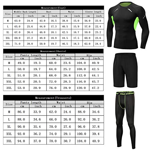 Sykooria 3 Piezas Conjunto de Compresión Deportiva para Hombre Camisetas de Manga Larga de Fitness Mallas de Running y Pantalon Deporte Corto de Elástico Correr Gym