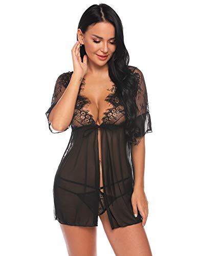 Sykooria Conjunto de Lencería Sexy para Mujer Pestaña Babydoll Frente Abierto Camisón de Encaje Floral Chaquetas Vestidos Malla Transparente Malla de Encaje de Media Manga Sykooria Conjunto de Lencería Sexy para Mujer Pestaña Babydoll Frente Abierto Camisón de Encaje Floral Chaquetas Vestidos Malla Transparente Malla de Encaje de Media Manga
