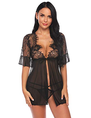 Sykooria Conjunto de Lencería Sexy para Mujer Pestaña Babydoll Frente Abierto Camisón de Encaje Floral Chaquetas Vestidos Malla Transparente Malla de Encaje de Media Manga Sykooria Conjunto de Lencería Sexy para Mujer Pestaña Babydoll Frente Abierto Camisón de Encaje Floral Chaquetas Vestidos Malla Transparente Malla de Encaje de Media Manga