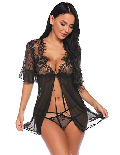 Sykooria Conjunto de Lencería Sexy para Mujer Pestaña Babydoll Frente Abierto Camisón de Encaje Floral Chaquetas Vestidos Malla Transparente Malla de Encaje de Media Manga Sykooria Conjunto de Lencería Sexy para Mujer Pestaña Babydoll Frente Abierto Camisón de Encaje Floral Chaquetas Vestidos Malla Transparente Malla de Encaje de Media Manga