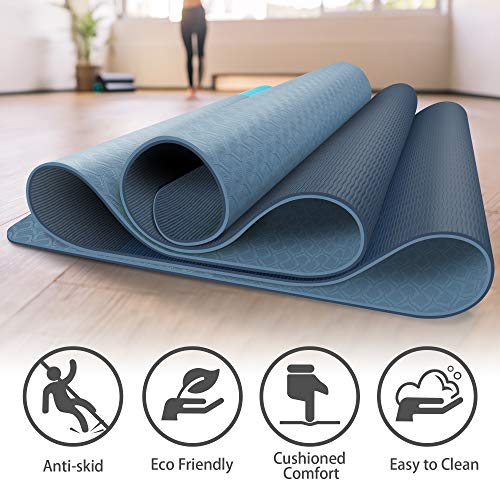 SYOSIN Esterilla Yoga, TPE Antideslizante Colchoneta de Yoga para Entrenamiento en casa y Gimnasio Ejercicio, Esterilla Fitness para Yoga, Pilates, Deporte, 183mm x 61mm x 6mm (Fogblue)