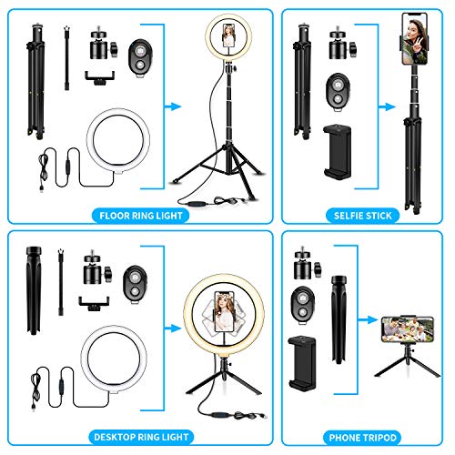 SYOSIN Luz de Anillo LED,Aro de Luz de 10.2" con Trípode Control Remoto Bluetooth,3 Modos de Luces 10 Brillos Regulable para Móvil Selfie,Fotografía,Maquillaje,Youtube,TIK Tok Live