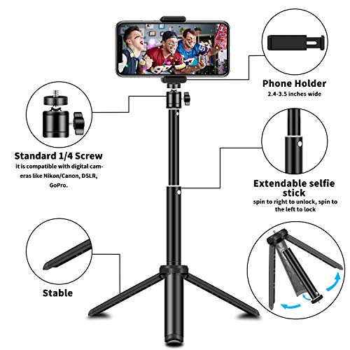 SYOSIN Tripode Movil, Extendable Palo Selfie, Mini Tripode Portátil con Obturador Remoto Bluetooth Compatible con iPhone SE / 11 Pro MAX/XS/XR, Samsung Galaxy, Xiaomi Cámara, GoPro