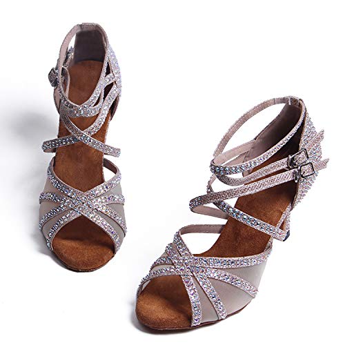 Syrads Zapatos de Baile Latino con pedrería para Mujer Salsa Tango Moderna Bachata Zapatos de Baile de Salón Suela Blanda 1057-01